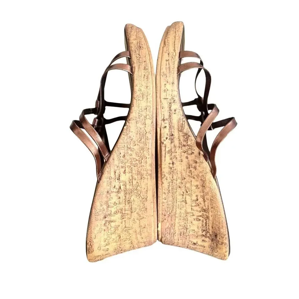 Y2K VTG. CHUNKY BROWN/BRONZE LEATHER WEDGE SANDALS SZ.‎ 9.5-10 EUC